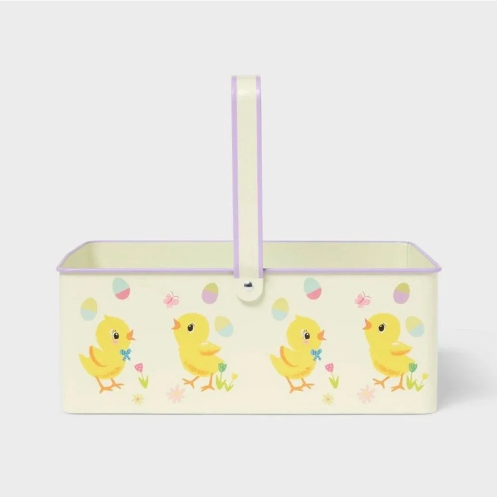 Spritz Easter Printed Metal Rectangle‎ Chicks Decorative Basket Cream Yellow